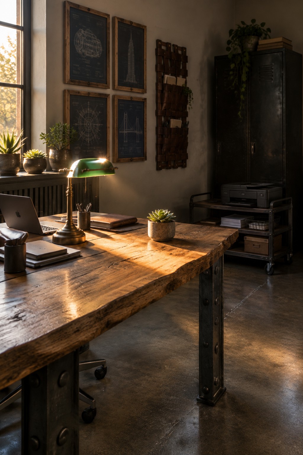 A home office interior showing a large wooden desk with metal legs, a green desk lamp, a laptop, potted plants, and a black metal cabinet against the wall.