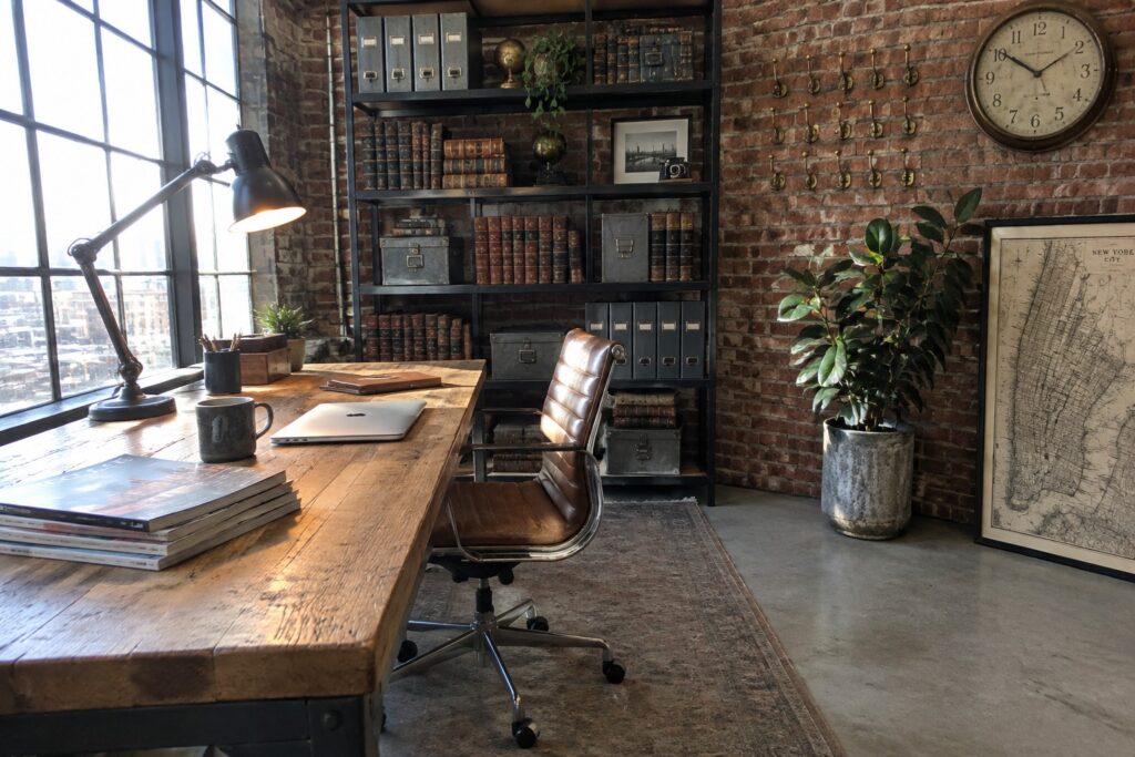 An industrial home office with a reclaimed wood desk, brown leather and chrome office chair, black metal bookshelf filled with books and storage boxes, and exposed brick wall.