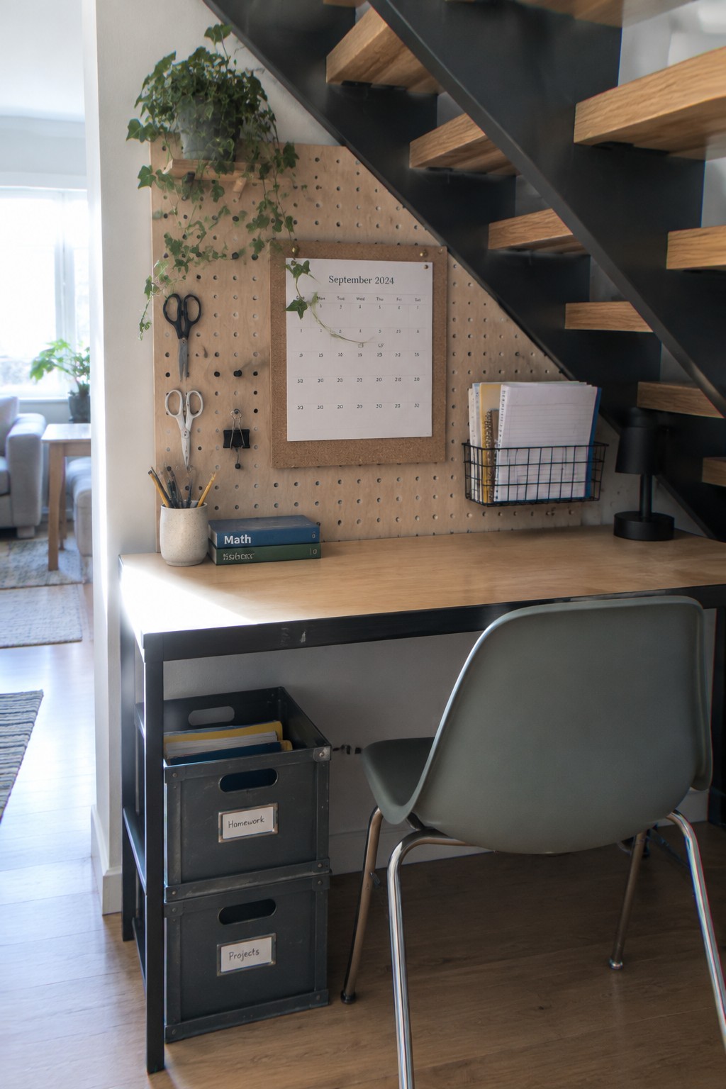 Wooden desk with gray chair under black staircase, pegboard calendar, books, and labeled crates