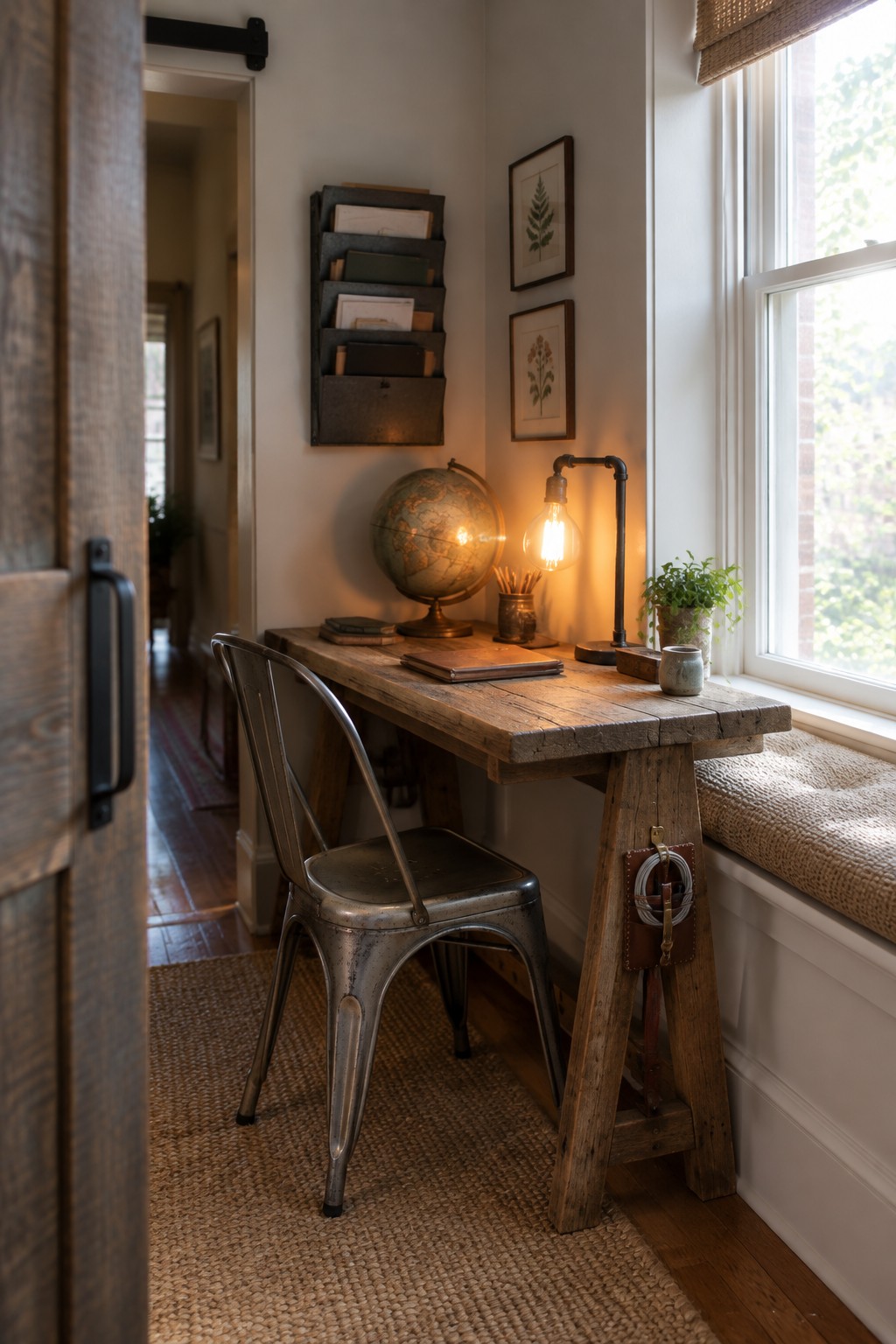A rustic wooden desk with a metal chair is placed in a corner office nook beside a window, accompanied by a globe, wall-mounted storage, and framed prints on the wall.