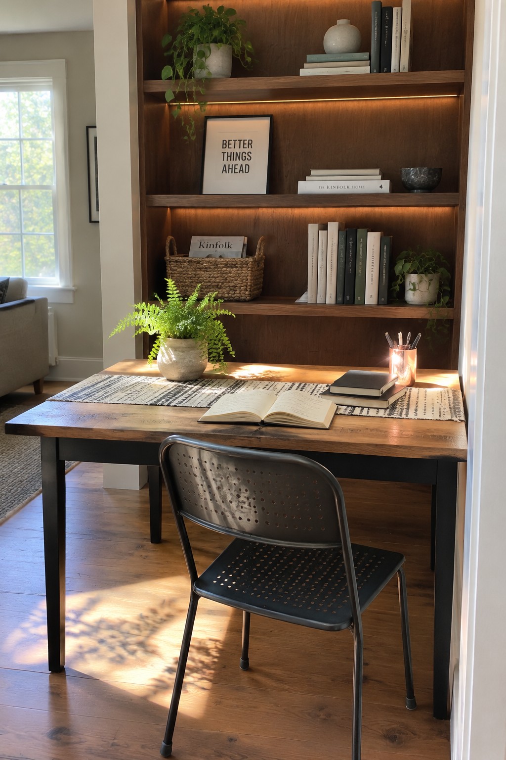 A home office featuring a wooden desk with black metal legs, a black perforated metal chair, and built-in wooden shelves with books and plants.