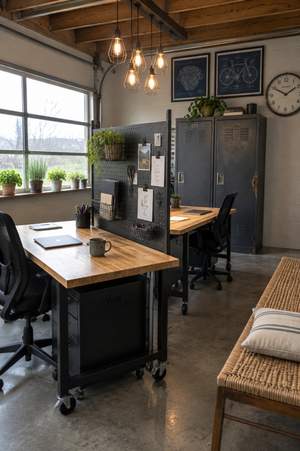 An industrial home office featuring two wooden desks on black metal frames with wheels, black office chairs, a black pegboard wall with storage baskets and notes, metal lockers, and large windows.