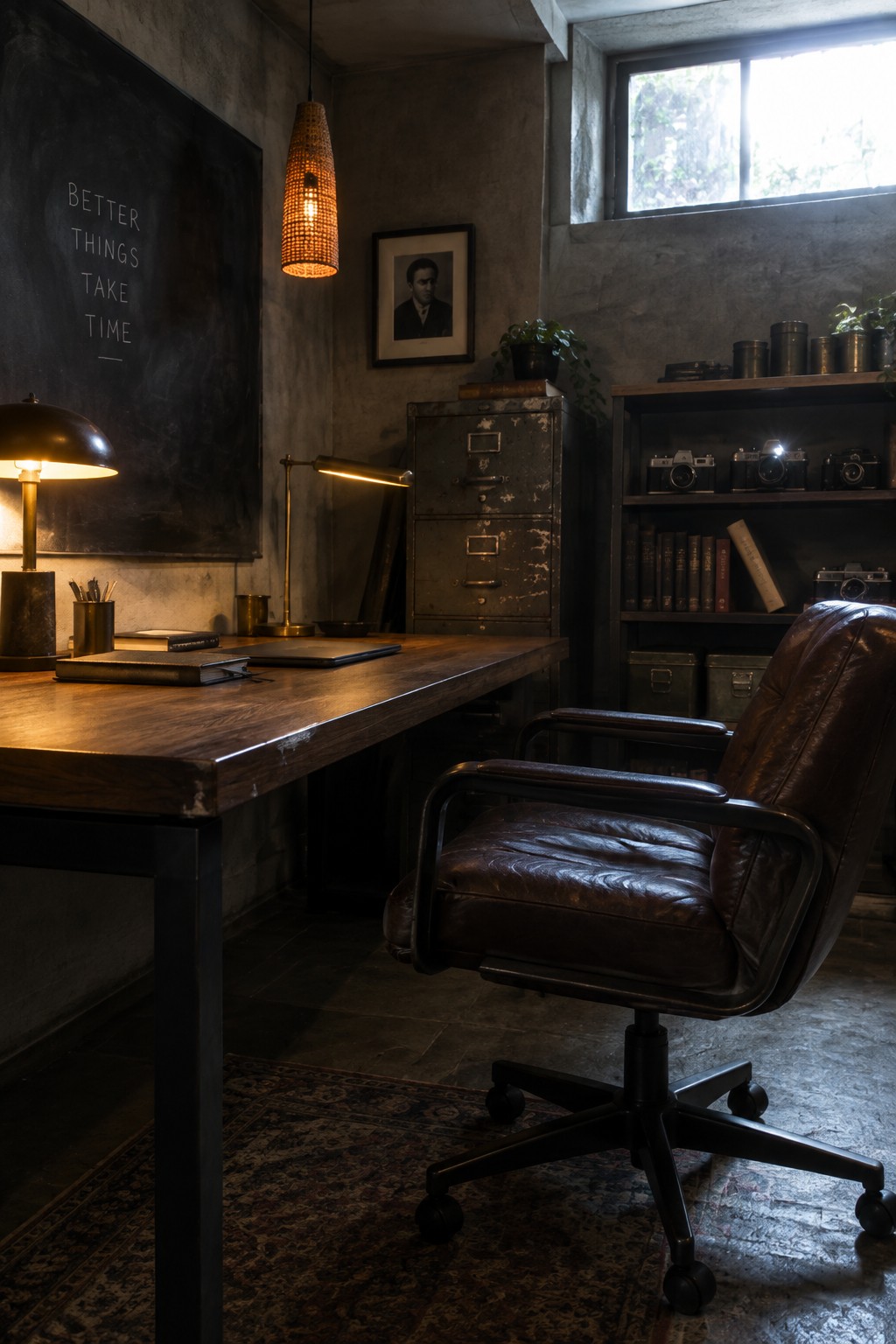 A wooden desk with a brown leather swivel chair, metal filing cabinet, desk lamps, and chalkboard in an industrial-style home office.