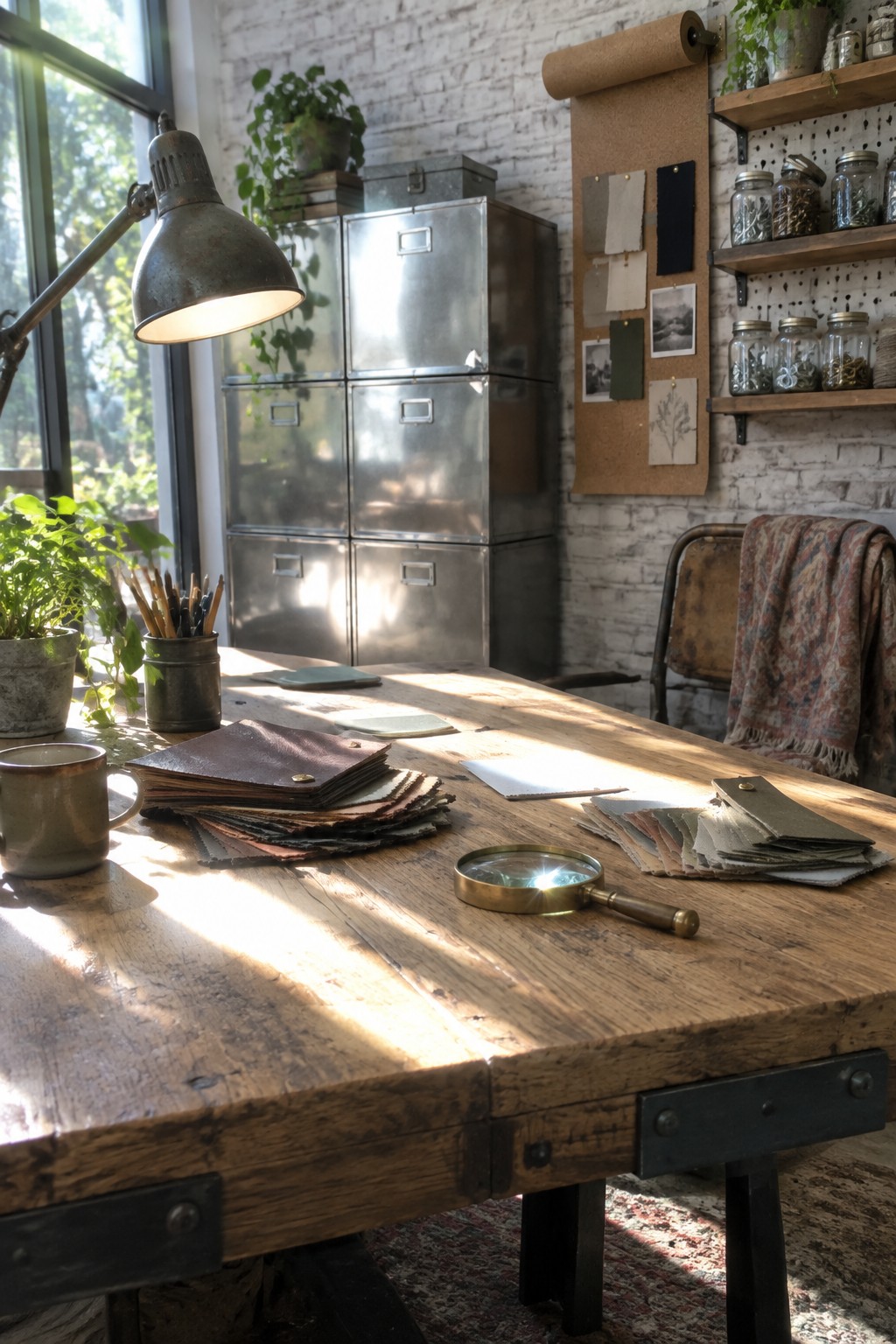 Rustic wooden desk with leather samples, magnifying glass, and vintage lamp in sunlight.