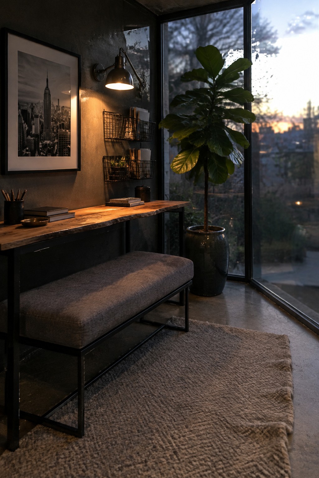 A narrow wooden desk with black metal legs and a matching upholstered bench sit against a dark wall with wire storage baskets, books, and a framed black and white city photograph, next to a large potted fiddle leaf fig plant by a window.