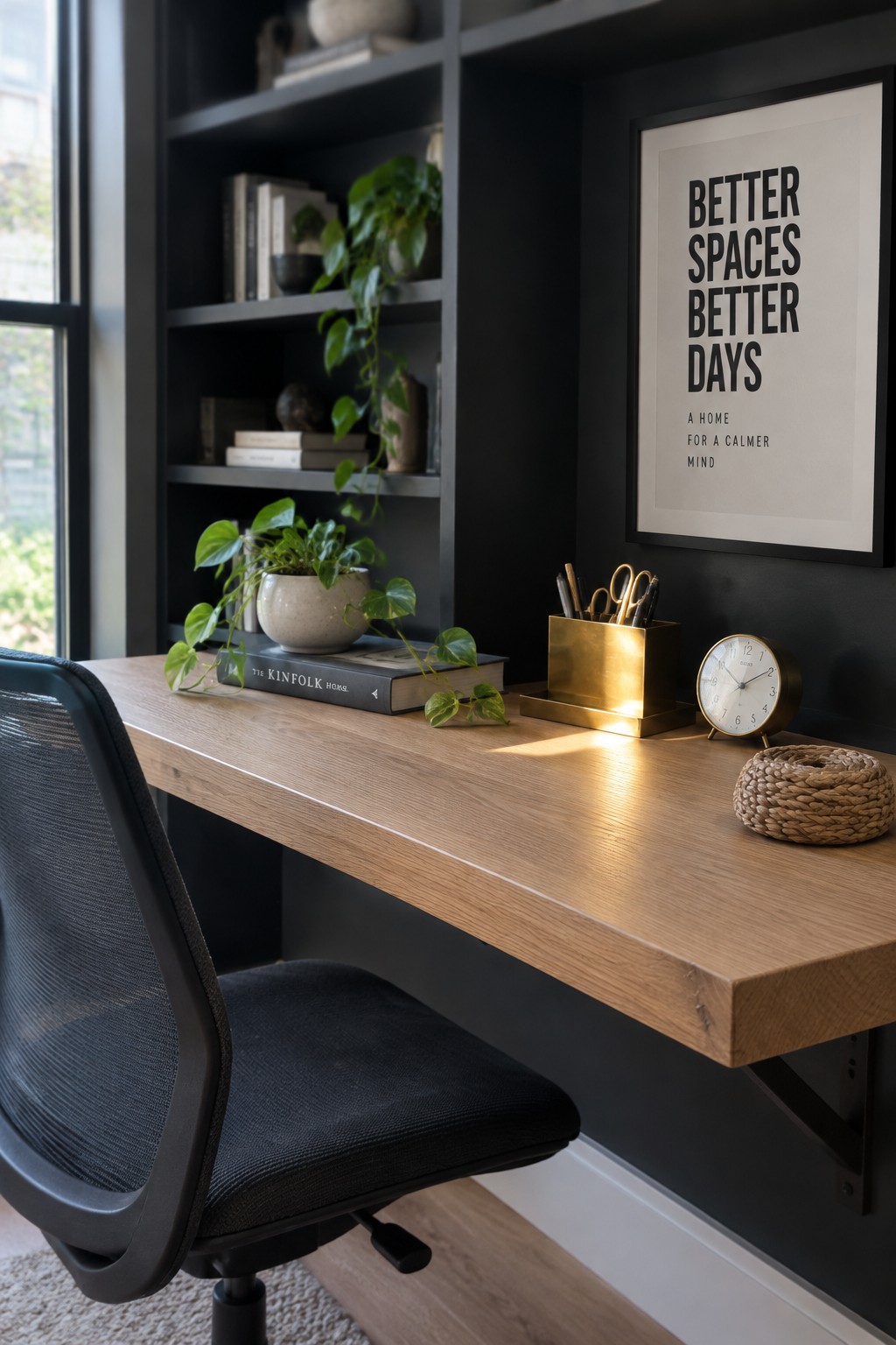 A home office with a light wood floating desk mounted on black metal brackets, a black mesh office chair, dark built-in shelves holding books and plants, and a framed poster on the wall.