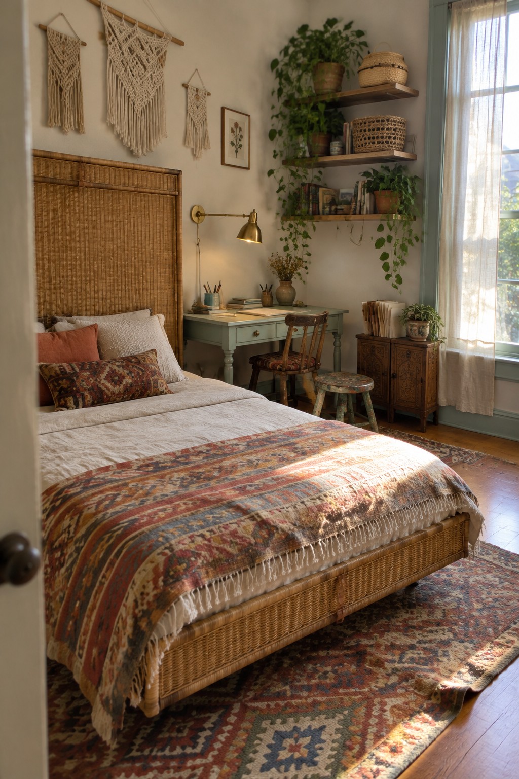 Cozy bohemian bedroom with wicker bed, colorful blanket, macrame, plants, and desk