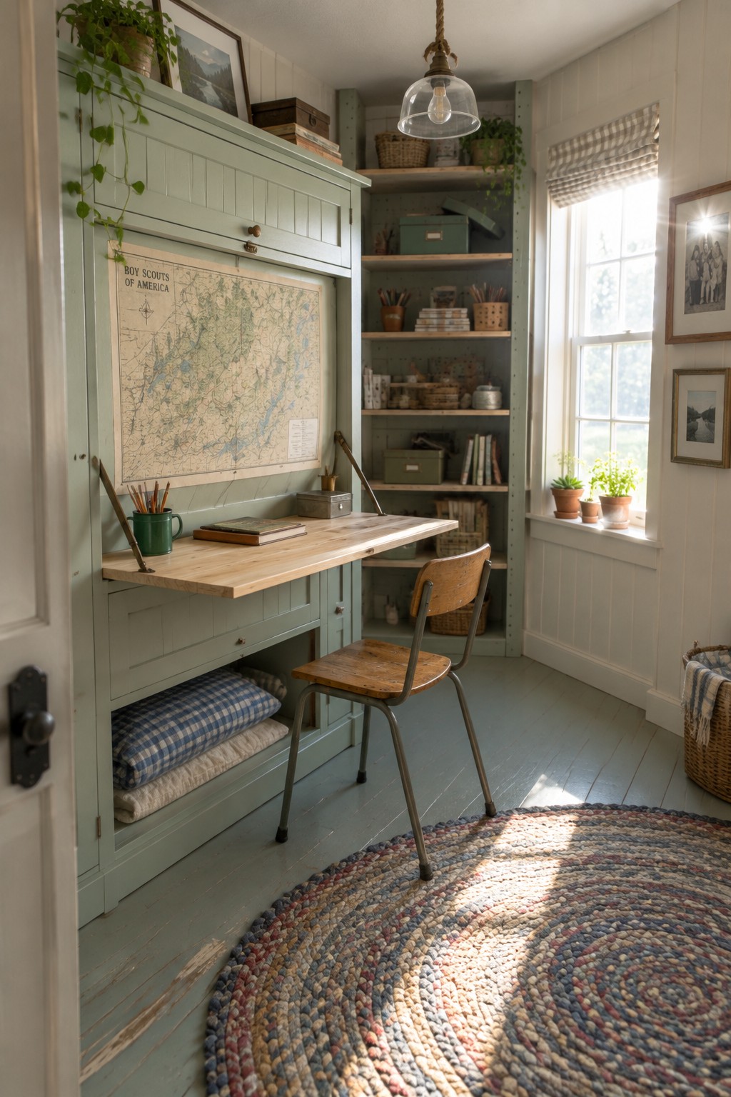 A sage green built-in cabinet unit with a fold-down light wood desk, a large map on the front panel, open shelves with books and baskets, a metal chair on a round braided rug, and a window with plants on the sill.