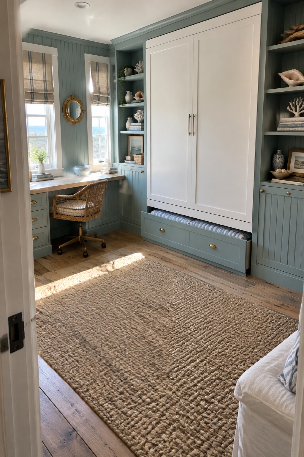 A bedroom office with sage green built-in cabinetry, a large white murphy bed unit, a wooden desk between two windows, and a pull-out striped bed drawer below the cabinet.