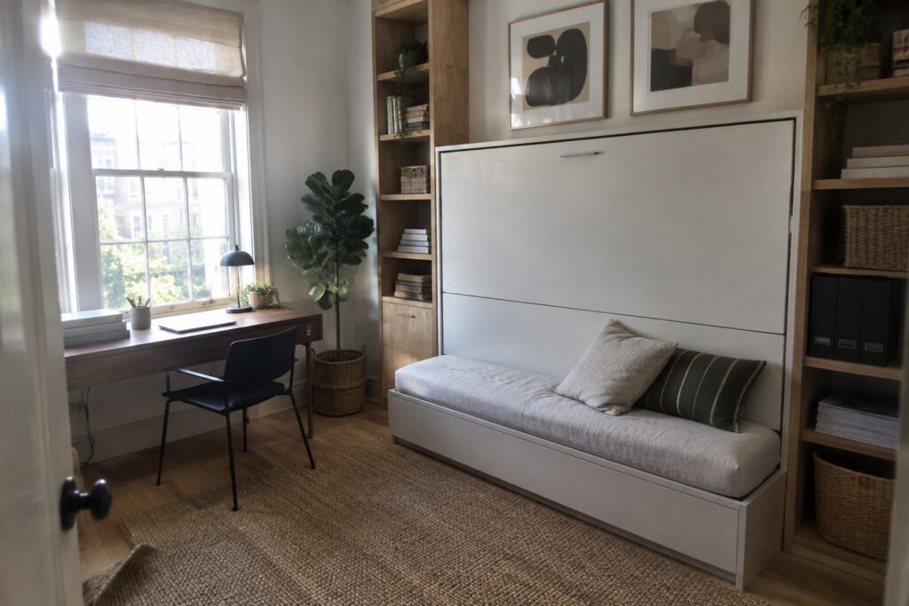 Modern room with Murphy bed, desk by window, shelves, and woven rug.