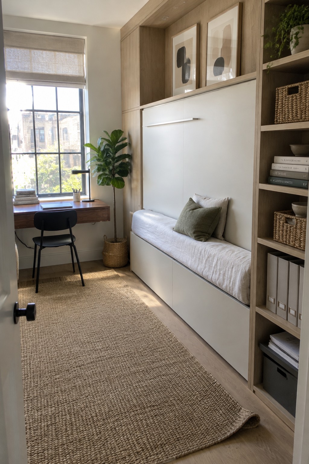 Modern room with Murphy bed, desk by window, shelves, and woven rug.