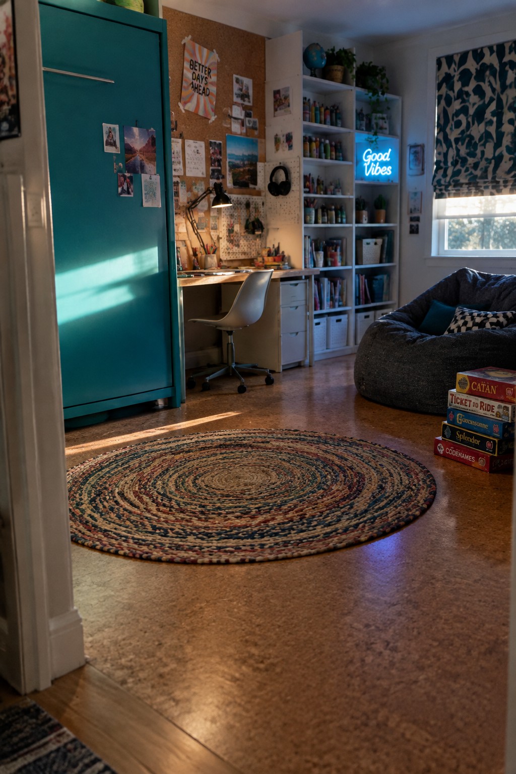 A bedroom office interior showing a teal storage cabinet, wooden desk with white chair, corkboard wall, round woven rug on cork flooring, gray bean bag chair near a window, and white open shelving filled with books and games.
