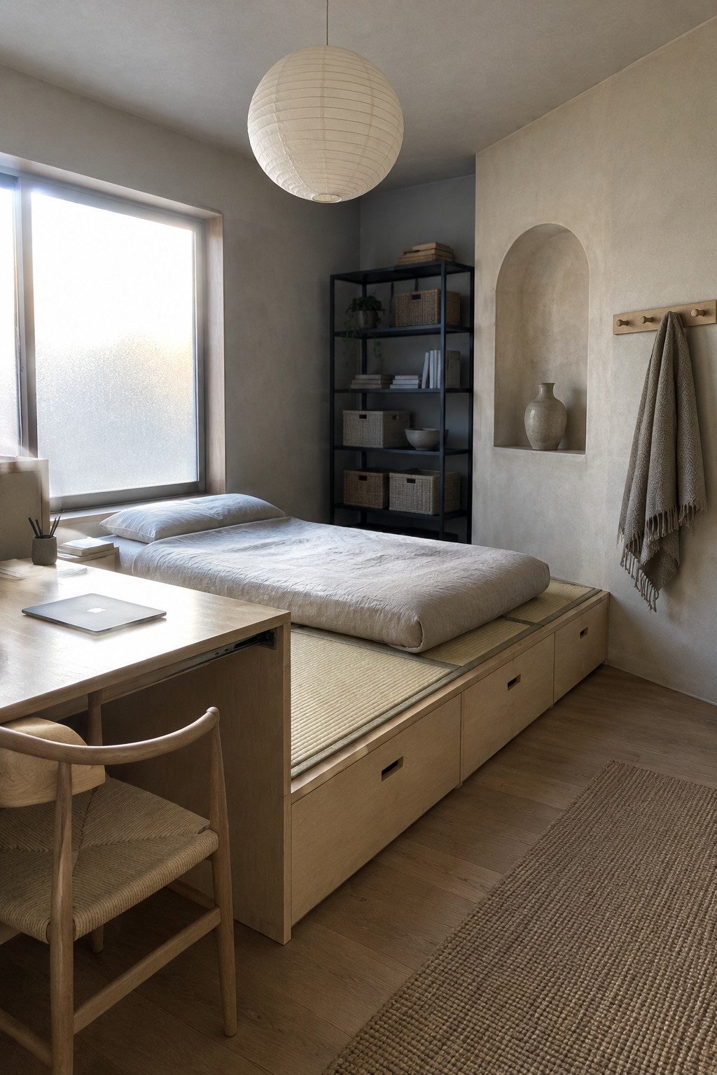 Minimalist bedroom with tatami platform bed, wooden desk, paper lantern, and black shelves.