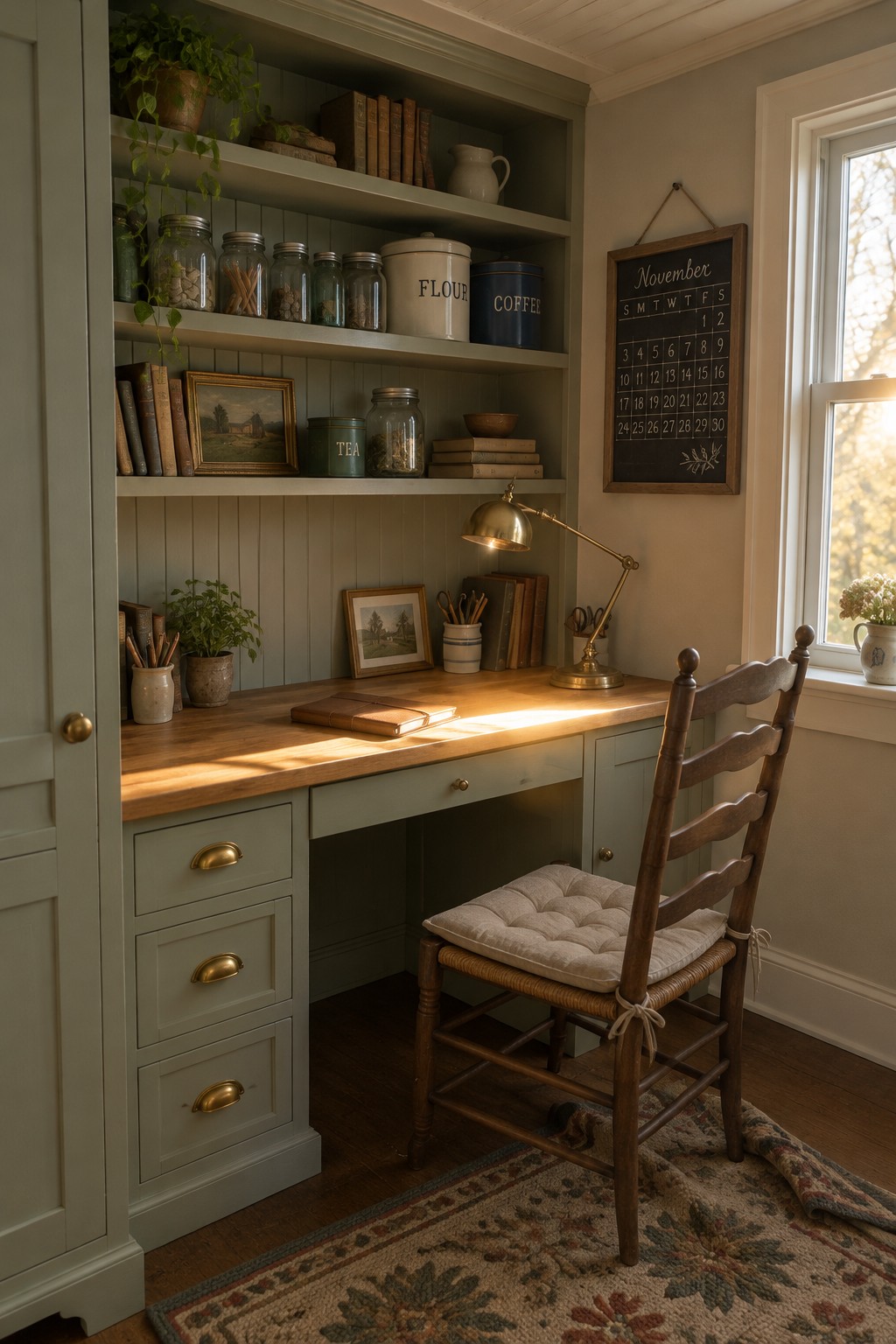 A compact home office with a built-in wooden desk, sage green cabinetry and drawers, open upper shelves holding books and glass jars, a wooden chair with cushion, and a wall calendar above the desk.