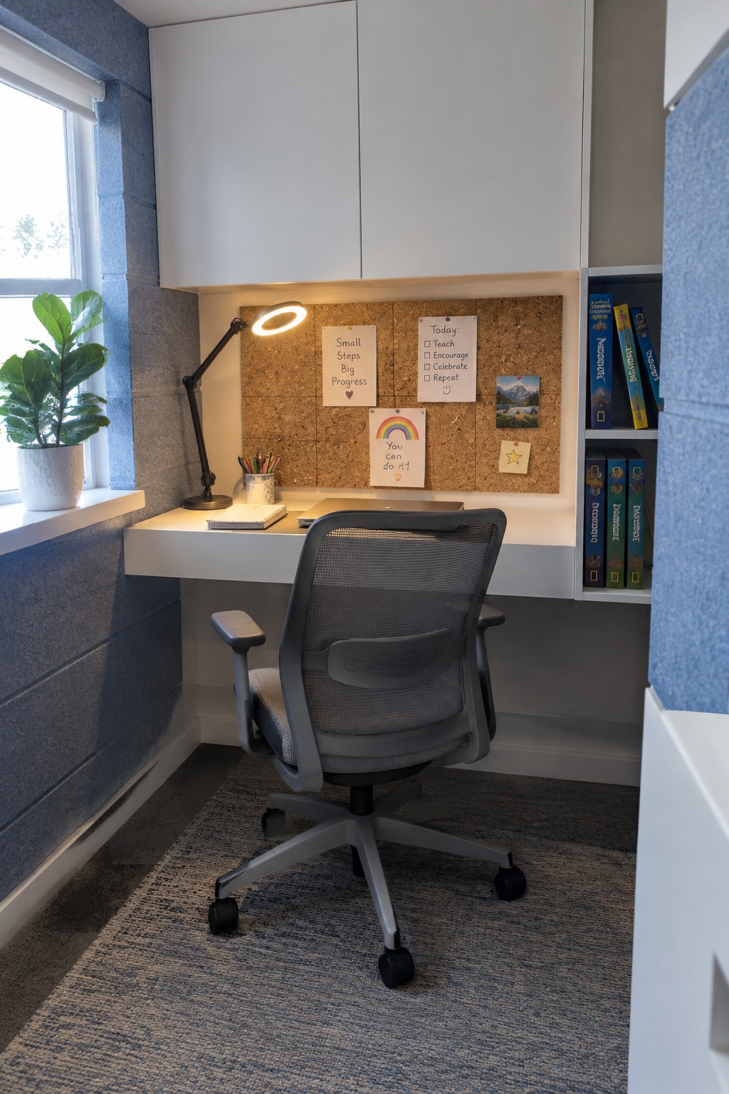 Gray ergonomic chair at white built-in desk with corkboard, lamp, and plant