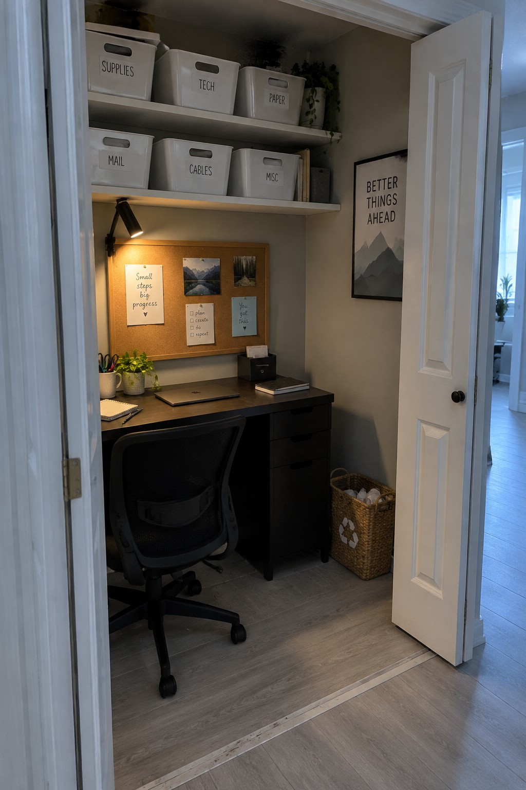 Organized closet office with desk, laptop, black chair, corkboard, and labeled storage bins.