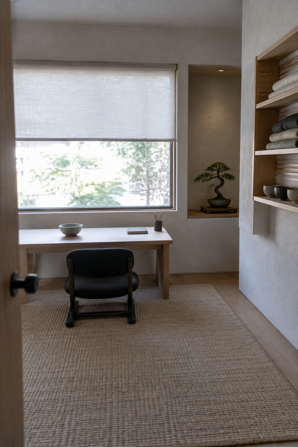 A minimalist home office with a light wood desk under a large window, a dark upholstered chair on a woven rug, and a bonsai plant in a recessed wall niche.