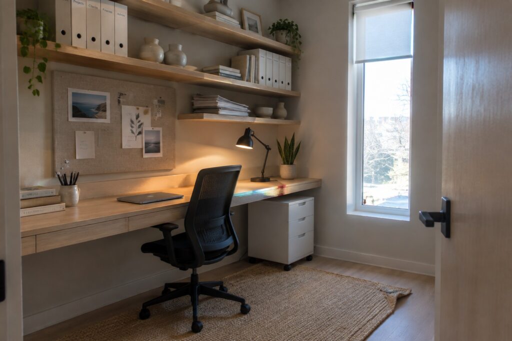Light wood desk with black ergonomic chair, floating shelves, white cabinet, and window