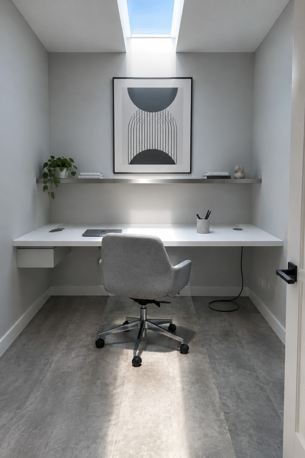 A small home office with a long white desk along one wall, a gray upholstered office chair, a narrow floating shelf above the desk, and a skylight overhead.