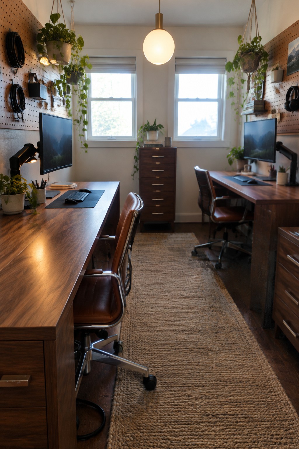 Modern home office with twin wooden desks, brown leather chairs, and hanging plants.