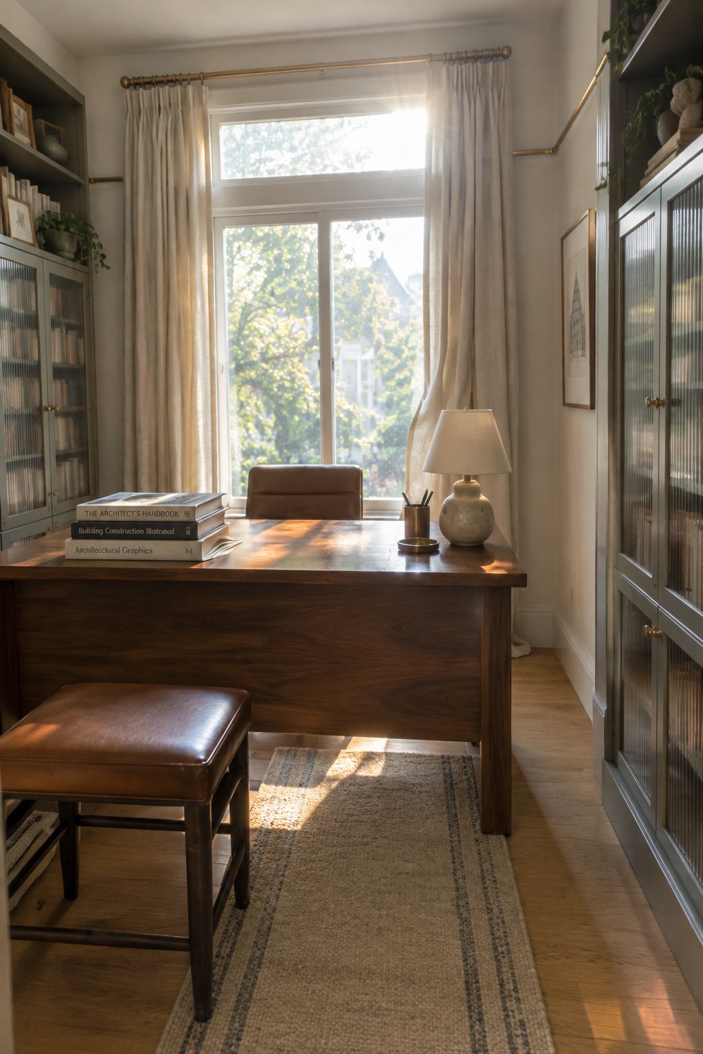 Sunlit wooden desk with architecture books, leather stool, and curtained window in office.