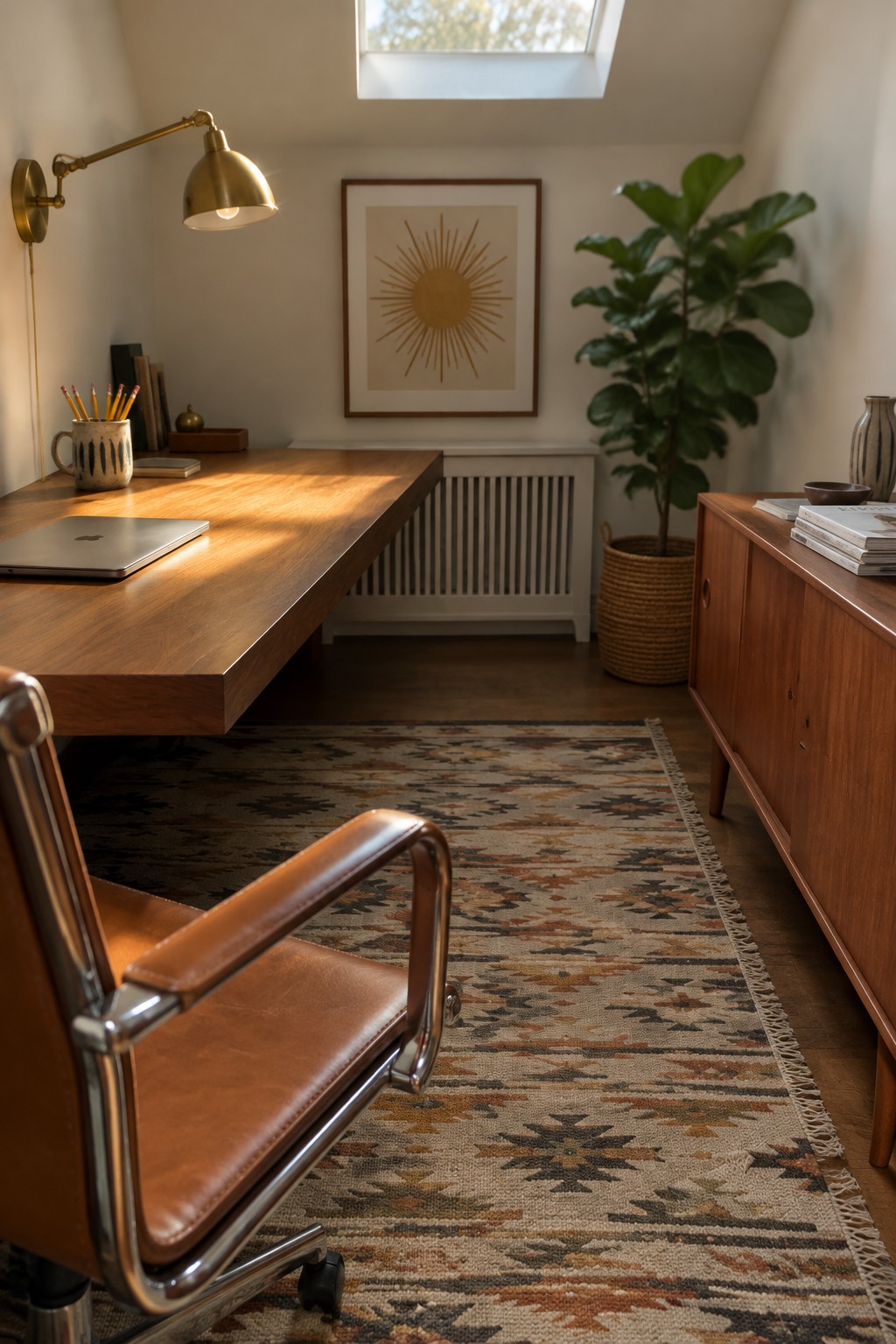 A home office with a long wooden desk against the wall, a brown leather chair on a patterned rug, a wall-mounted lamp, and a potted plant next to a wooden cabinet.