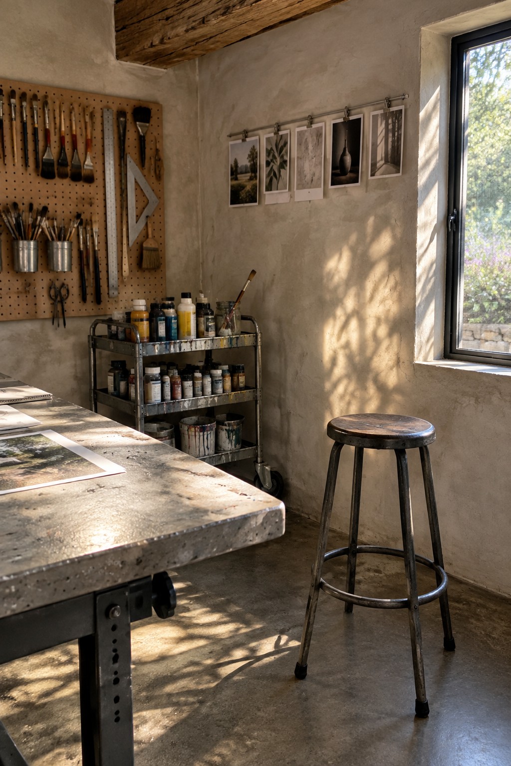 An interior view of a concrete-walled workspace with a large metal work table, wooden stool, rolling cart holding paint bottles, pegboard filled with brushes and tools, and several black-and-white photos clipped to the wall near a window.