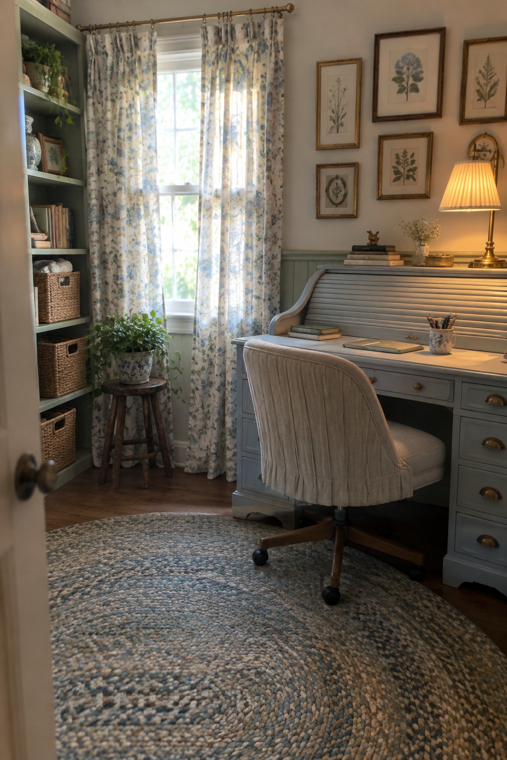 A small home office with a light blue roll-top desk, upholstered swivel chair on a large oval braided rug, built-in shelves, and a window with floral curtains.