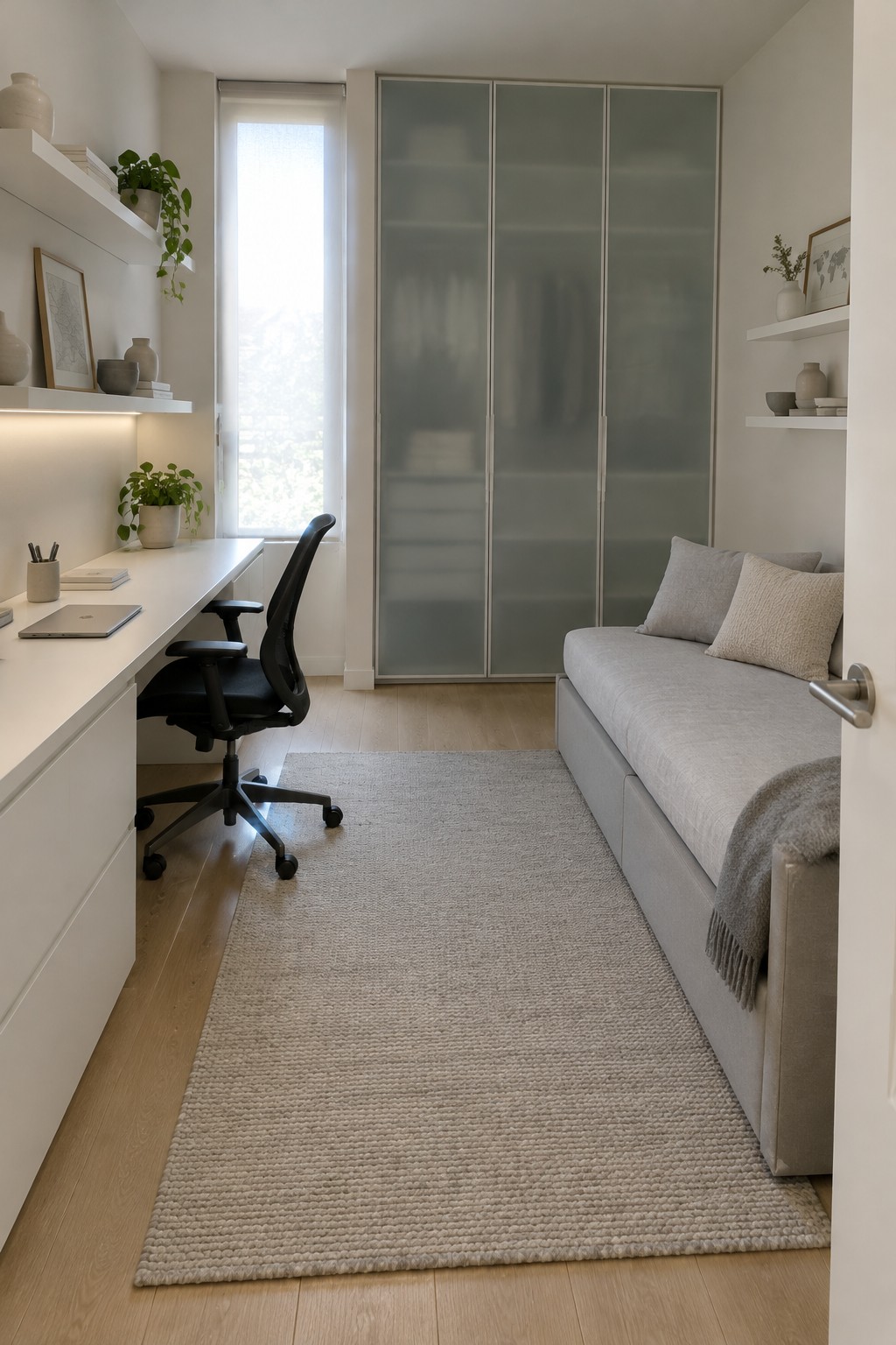 A narrow spare bedroom arranged as an office with a long white desk and black chair on the left wall, a gray daybed with pillows on the right, floating white shelves, a large three-door frosted wardrobe at the back, and a light gray woven rug on light wood flooring.