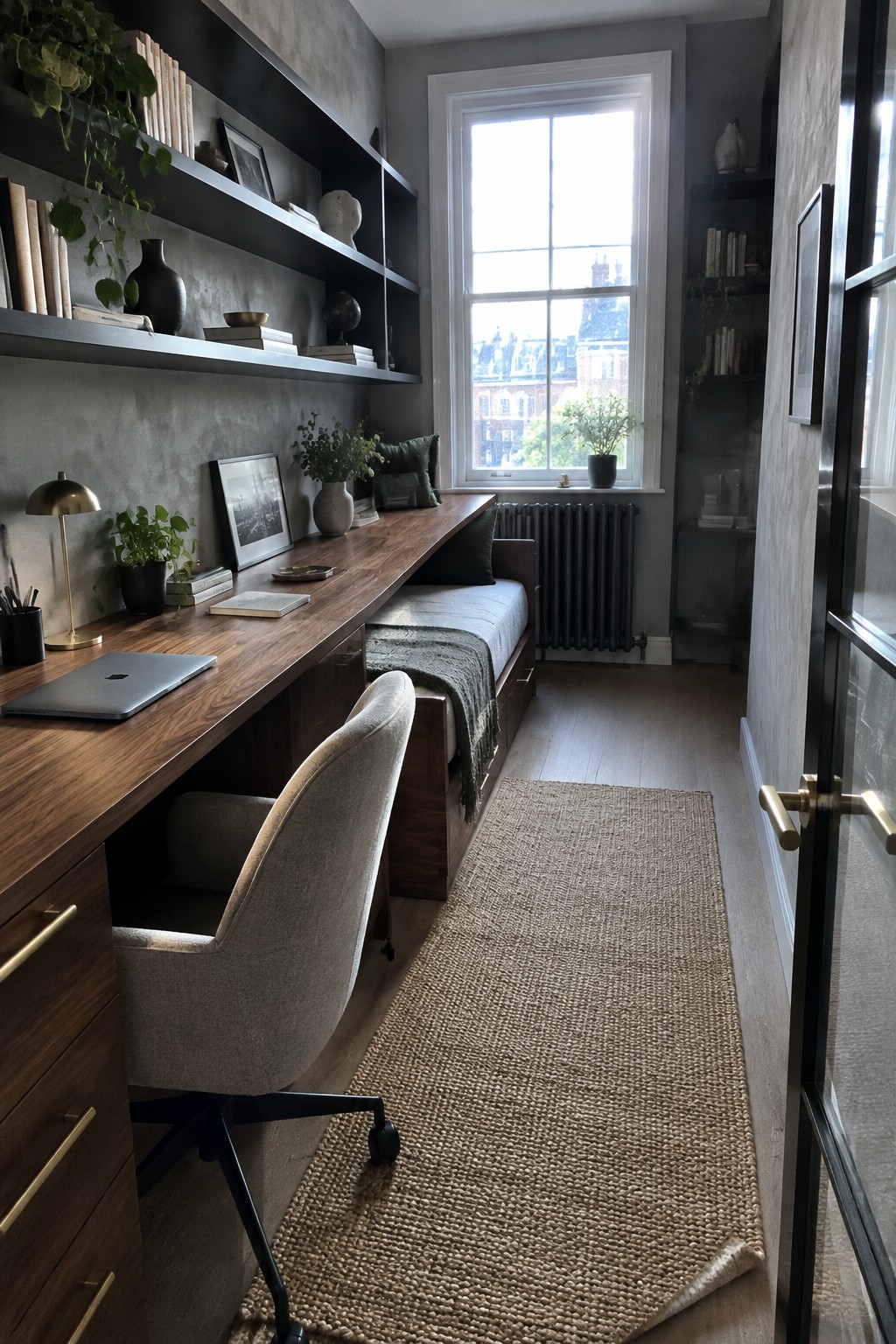 A narrow home office with a long wooden desk, office chair, floating shelves, and a daybed under a window with built-in storage drawers.