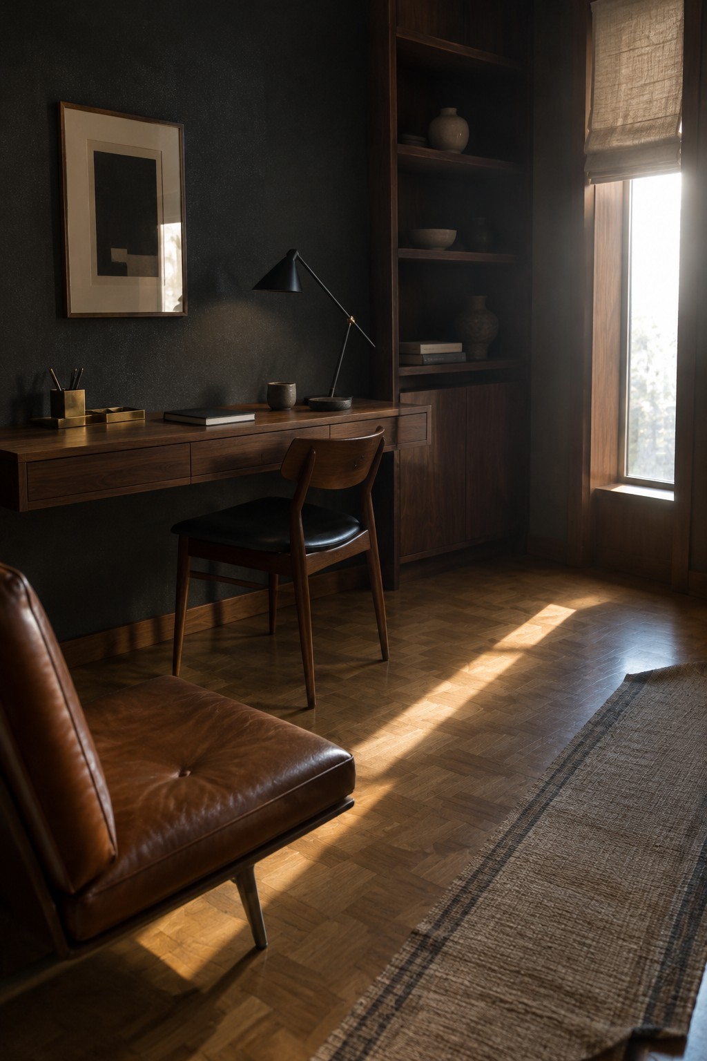 A home office with a floating wooden desk against a dark wall, a wooden chair with black seat, built-in shelving holding books and pottery, and a window with a rolled blind on the right.
