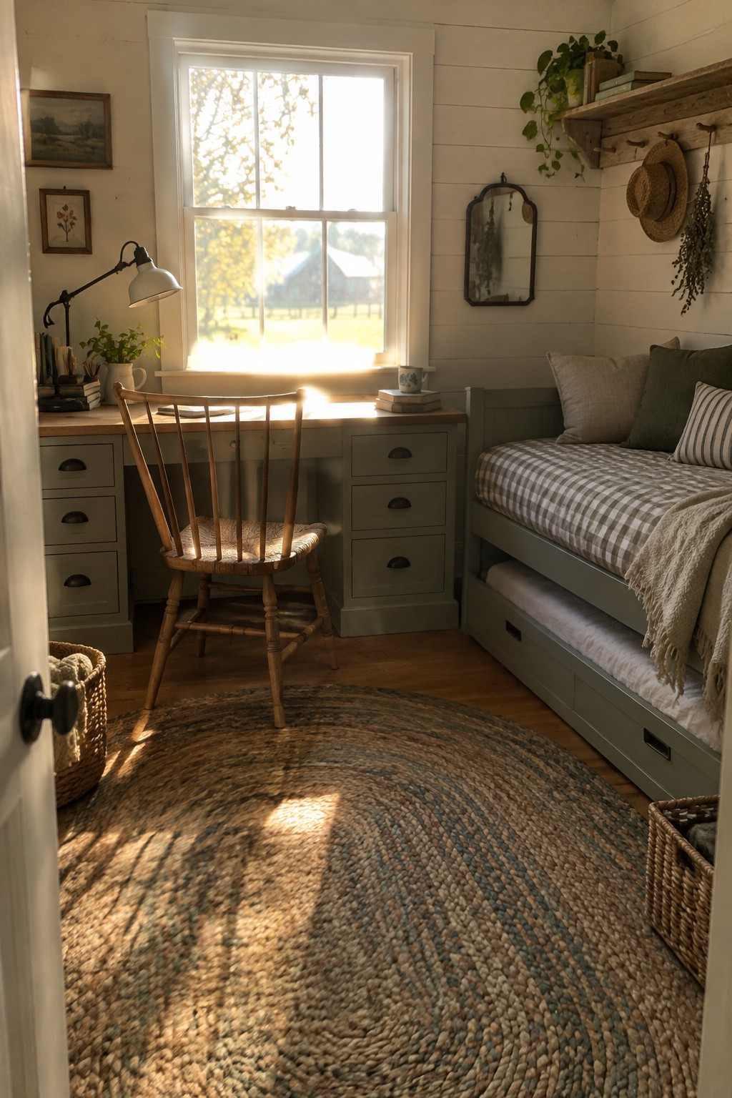 A bedroom with a wooden desk and chair placed directly in front of a window, next to a sage green bed with checkered bedding and a round woven rug on the floor.