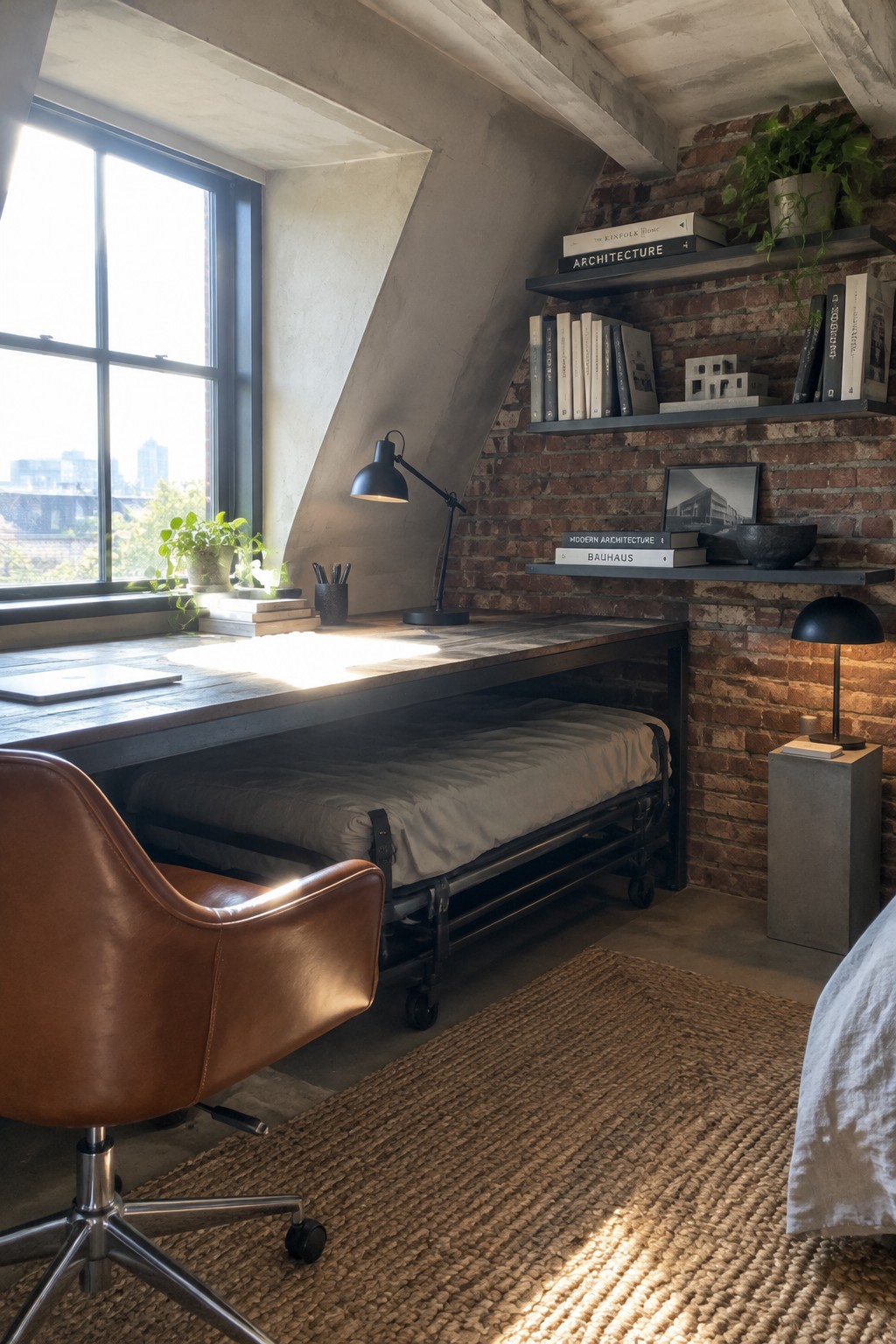 Loft workspace with wooden desk over bed, leather chair, and brick bookshelves.