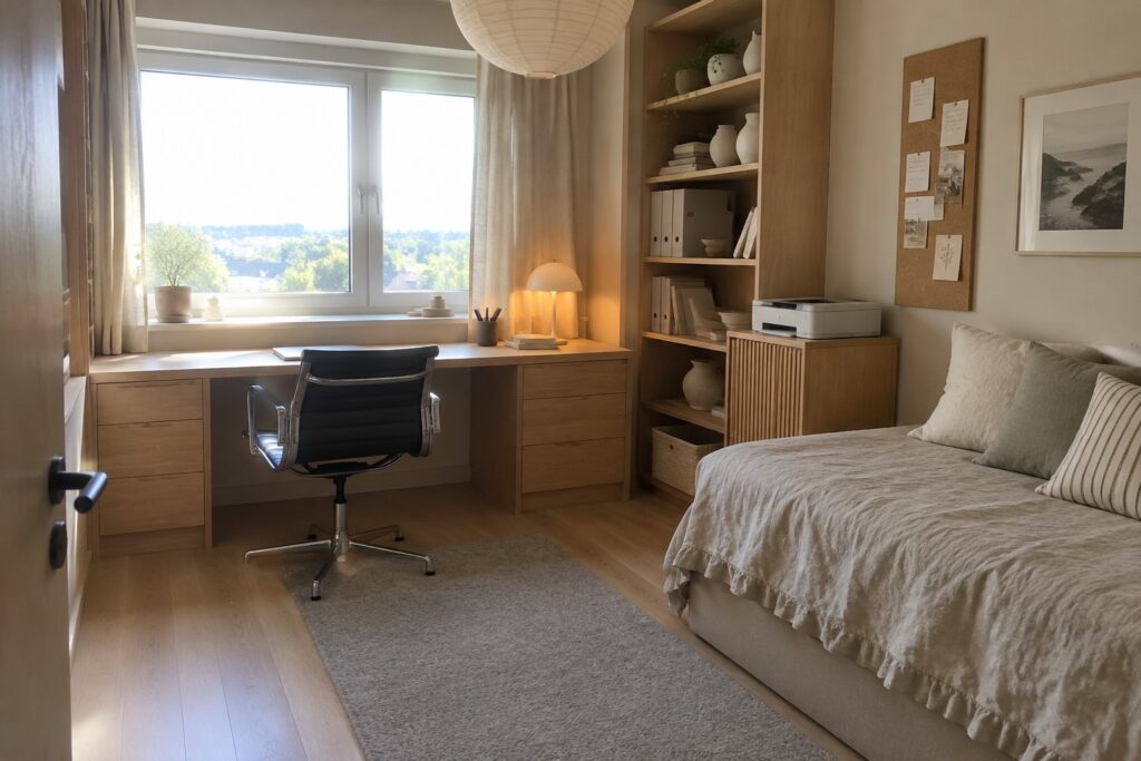 17 Practical Spare Bedroom Offices Built Around Workstations Cozy bedroom with wooden desk, black office chair, shelves, and white bed.