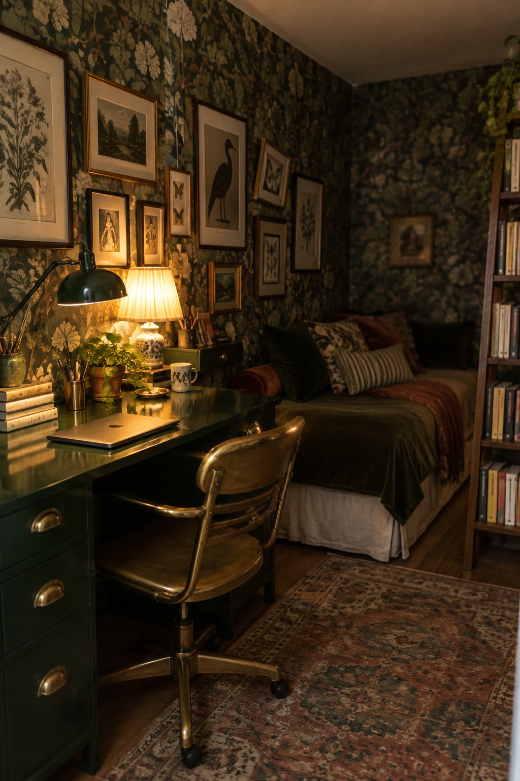 Green desk and brass chair in floral wallpapered room with daybed and gallery wall