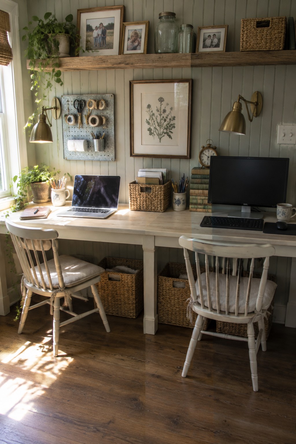 A long light wood desk against a sage green wall with two white spindle chairs, a laptop on the left side, a desktop monitor on the right, and woven baskets stored underneath.