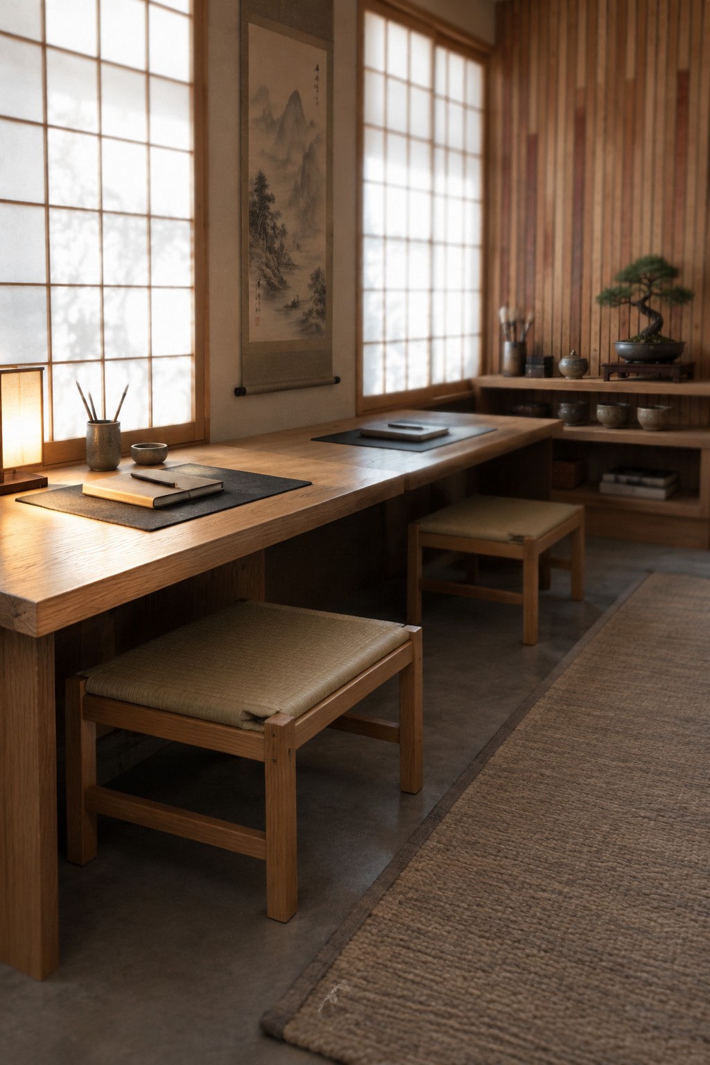A long wooden desk with two low stools positioned along the front, set against shoji screen windows in a minimalist room with a hanging scroll on the wall.