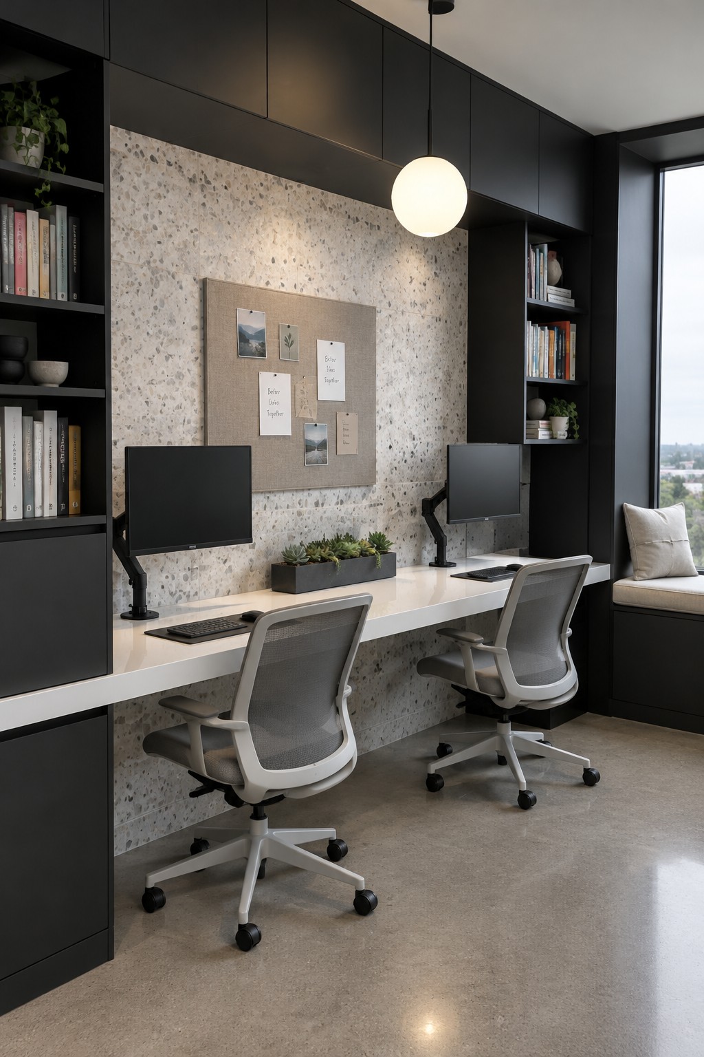 A modern home office with a long white desk, two gray ergonomic chairs, dual monitors, and a terrazzo wall with built-in black shelving.