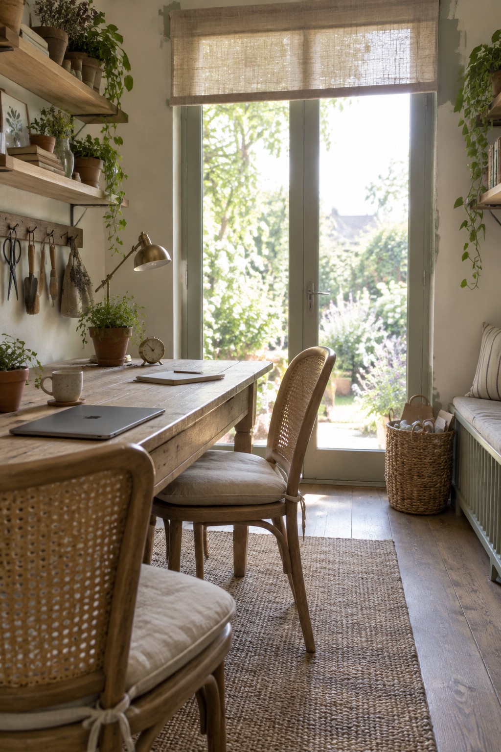 A long wooden table with two woven chairs positioned along one side sits in front of a window in a home office with wall shelves and plants.