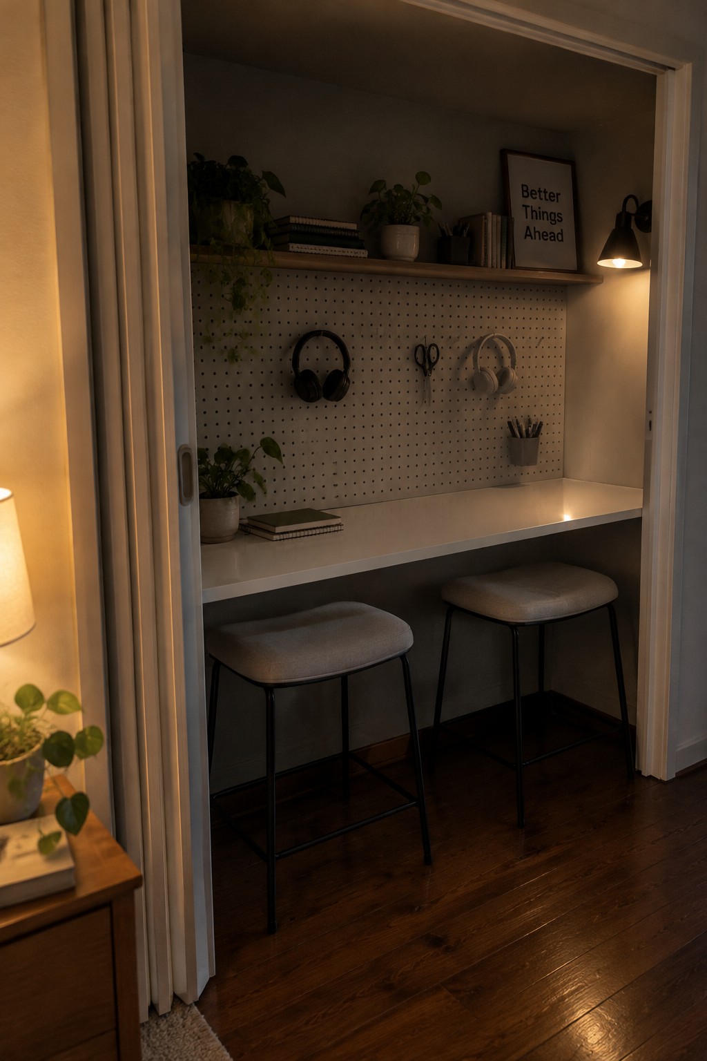 Cozy desk nook with pegboard, two stools, plants, books, and warm lighting.