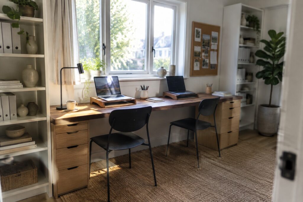 17 Shared Home Office Layouts for Two People Working Side by Side A home office featuring a long wooden desk under a window with two laptops on stands and two black office chairs positioned in front.