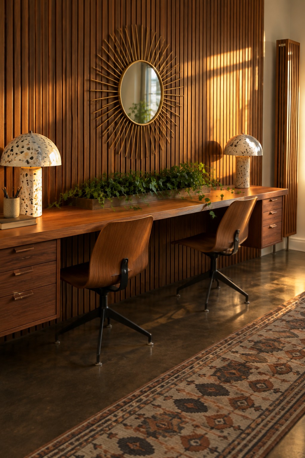 A long wooden desk with two wooden swivel chairs positioned side by side against a vertically paneled wood wall with a round sunburst mirror above.