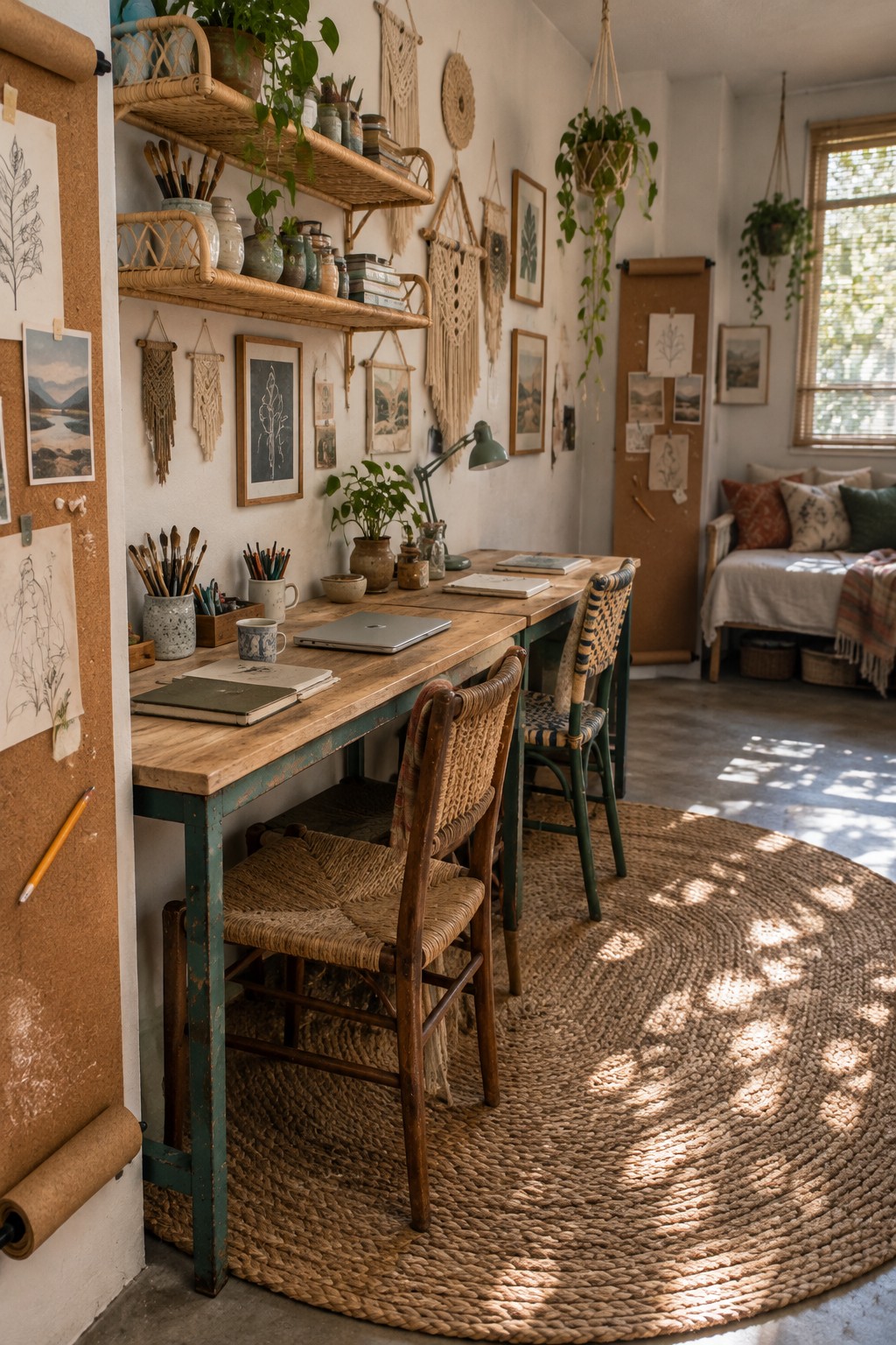 A long wooden desk with two woven chairs positioned side by side in a bright room, with art supplies, a laptop, and plants on shelves above.