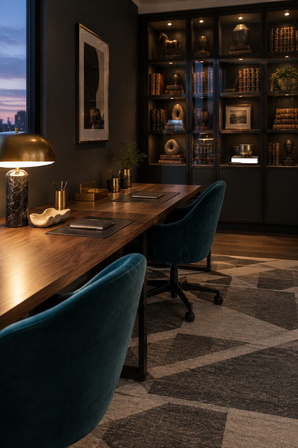 A modern home office featuring a long wooden desk with two teal velvet chairs, a marble and brass lamp, and dark built-in bookshelves in the background.
