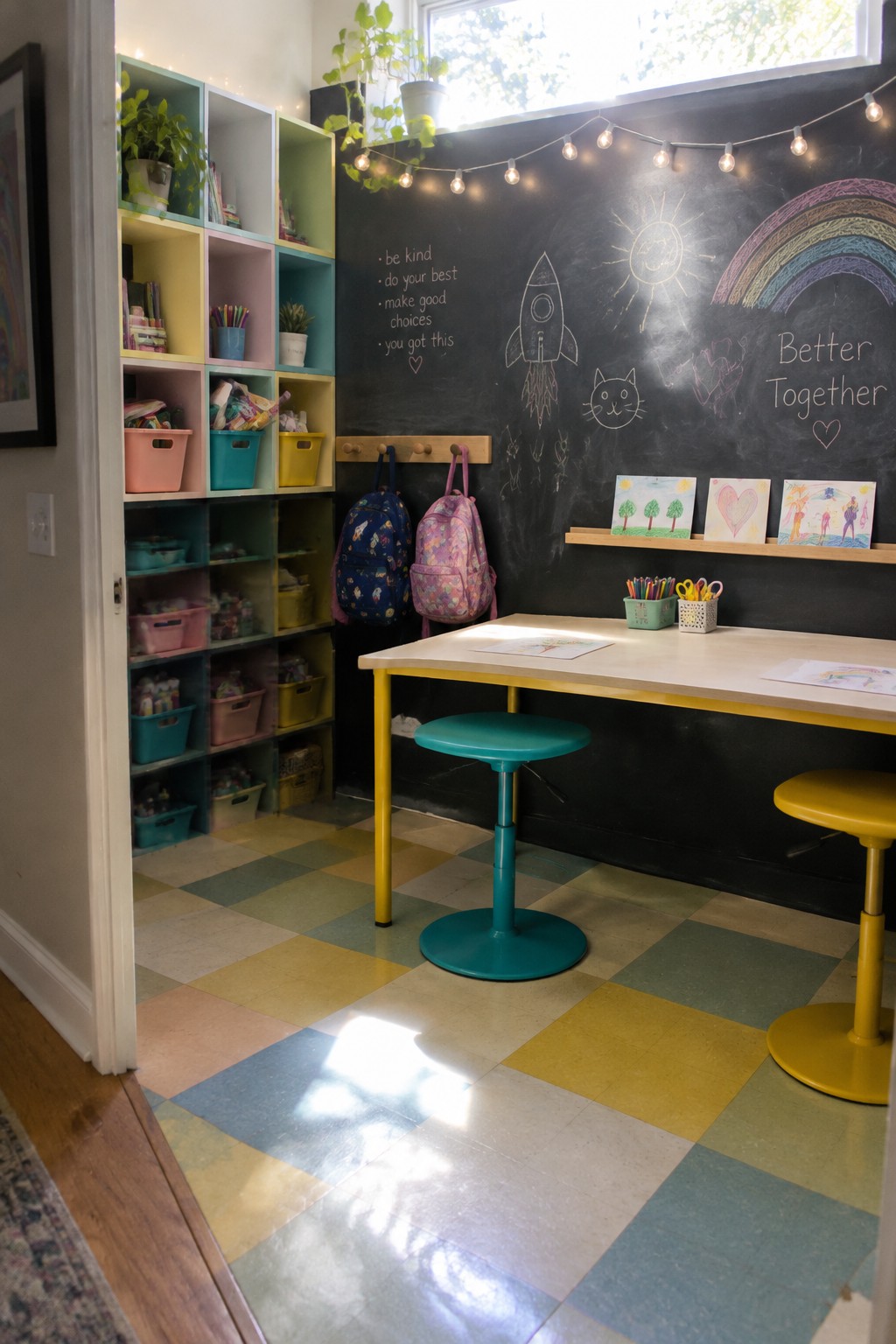 A children's activity room with a long desk, teal and yellow stools, colorful cubby storage, and a chalkboard wall with drawings and string lights.