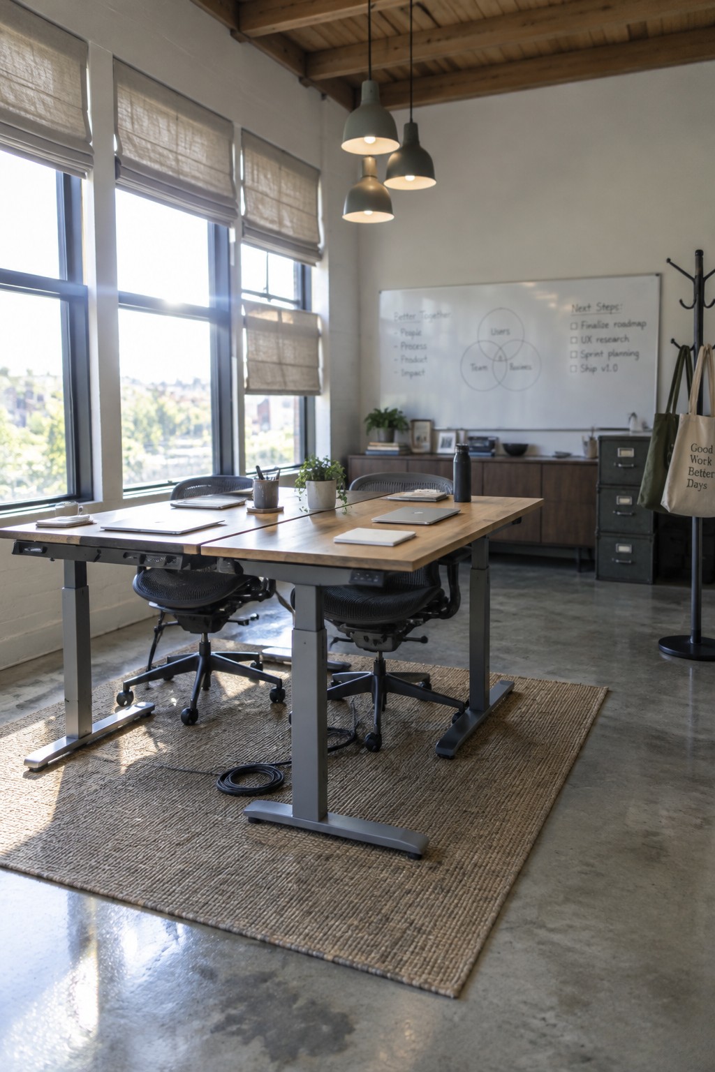 A long wooden desk with two black office chairs positioned side by side in a bright room with large windows and a whiteboard on the wall.