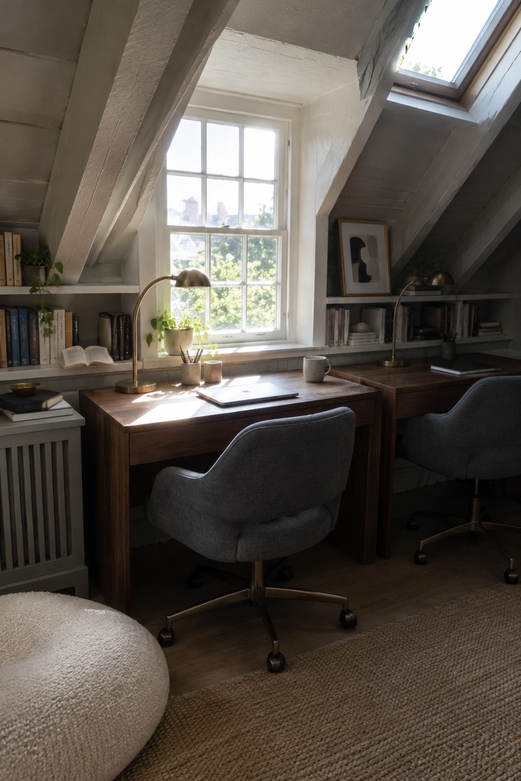 Two wooden desks with gray office chairs placed side by side beneath a large window in an attic room with sloped ceilings.
