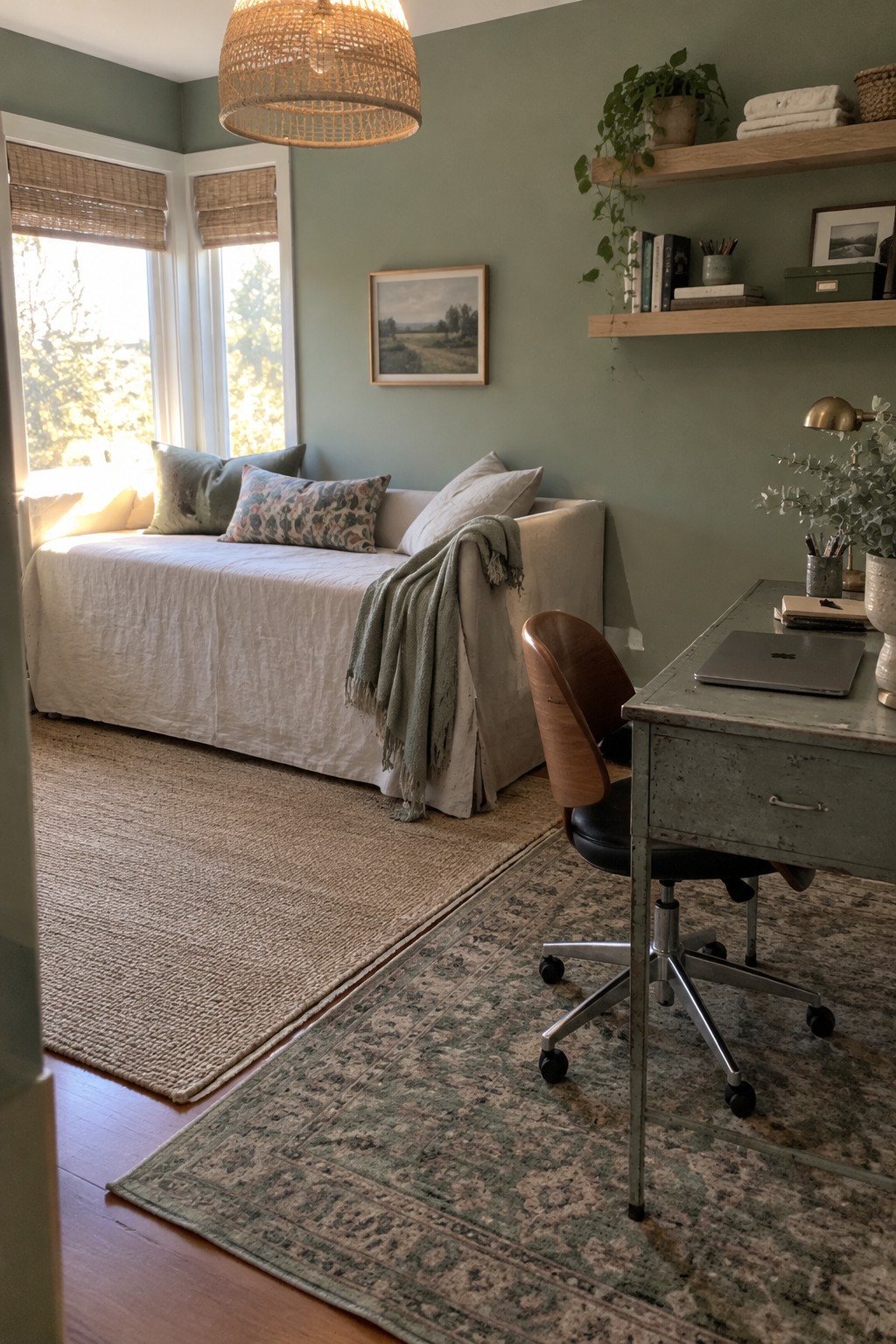 A home office with sage green walls showing a daybed under two windows and a desk with a rolling chair on layered rugs.