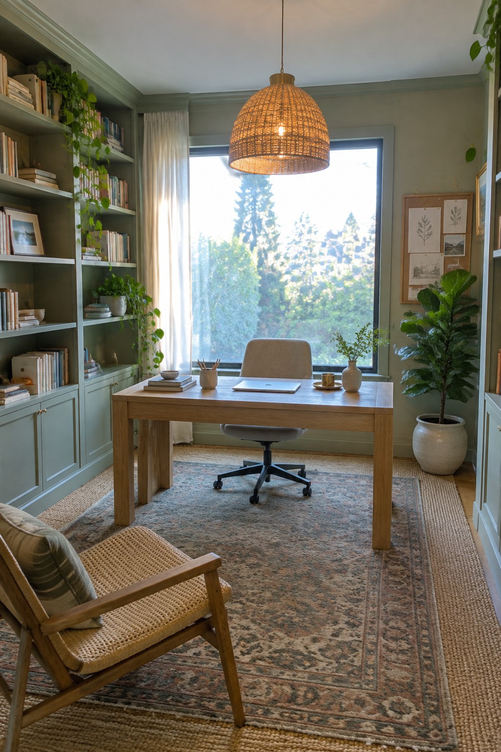 Cozy home office with oak desk, woven pendant light, bookshelves, plants, and forest-view window.