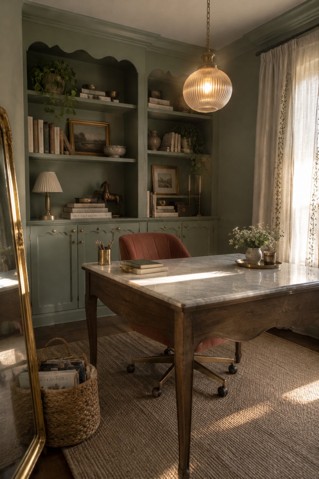 A home office with sage green built-in shelves and cabinetry, a marble-top desk, a pink chair, and a woven rug under natural window light.